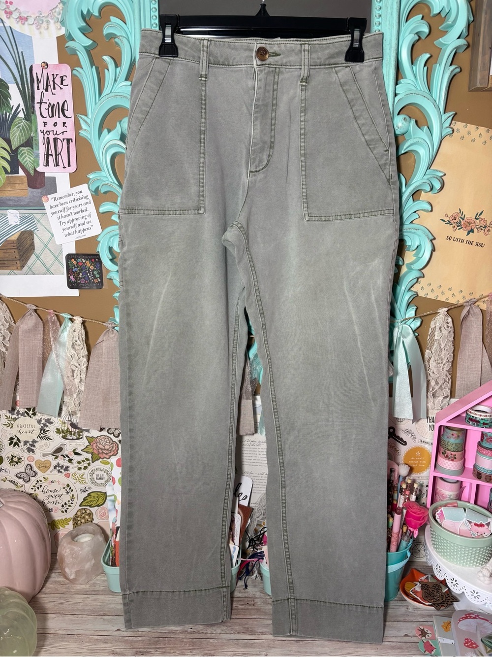 Old Navy Green Utility Pants Straight Leg High Waisted Women’s Sz 0 Carpenter